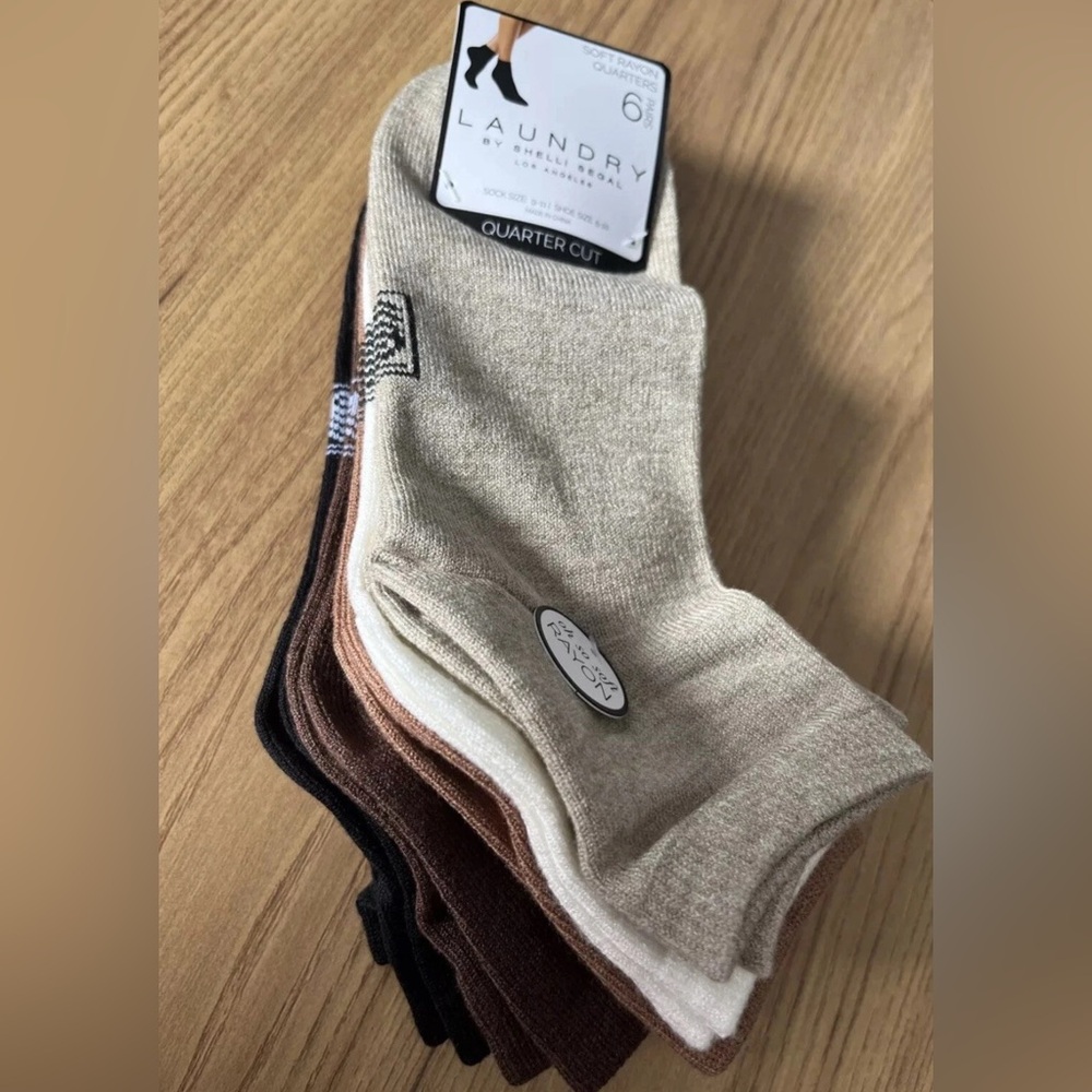 LAUNDRY Soft Rayon Quarters Cut Socks 6 Pairs, Black, Brown, Off White Size 9-11
